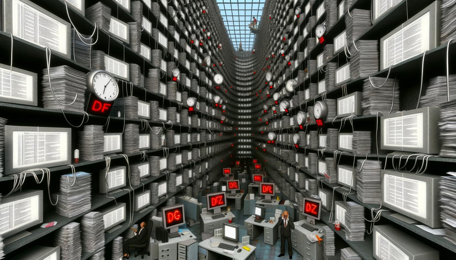 Surreale Büro-Landschaft mit endlosen Schreibtischen, Dokumenten, IT-Bietern, fehlerhaften Computern und einem Gefühl digitaler Bürokratie.