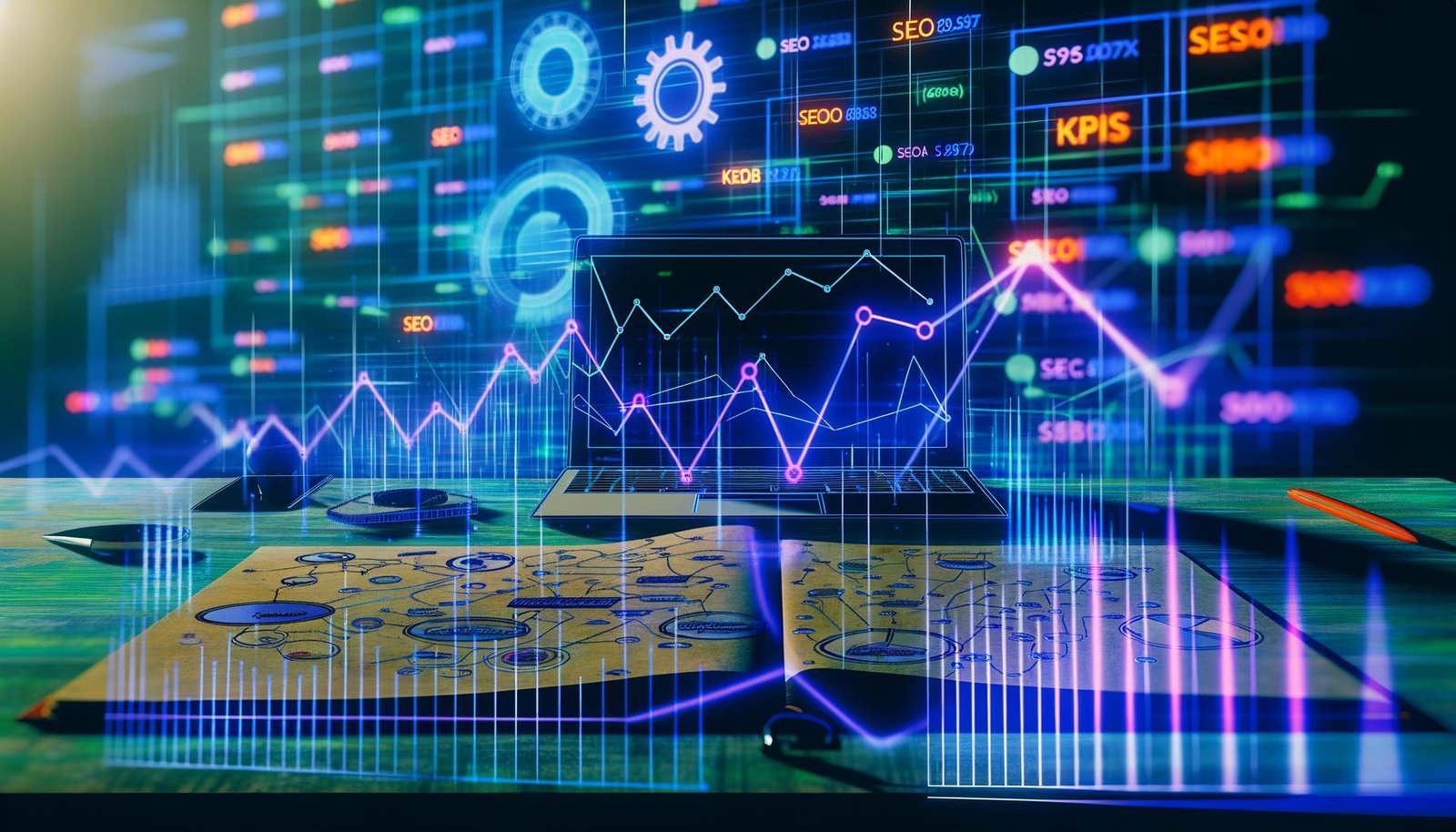 Futuristischer Schreibtisch mit Laptop, Analyse-Dashboards, bunten Datenströmen und einem Bauplan für Performance Content zwischen digitalen Symbolen.