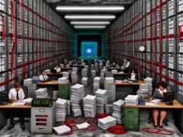 Metaphorische Szene eines endlosen, düsteren Großraumbüros mit Papierbergen, Excel-Tabellen, roten Bändern und Geschäftspersonen, die von Compliance- und Vergaberecht-Barrieren blockiert werden.