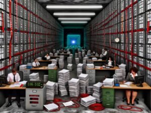 Metaphorische Szene eines endlosen, düsteren Großraumbüros mit Papierbergen, Excel-Tabellen, roten Bändern und Geschäftspersonen, die von Compliance- und Vergaberecht-Barrieren blockiert werden.