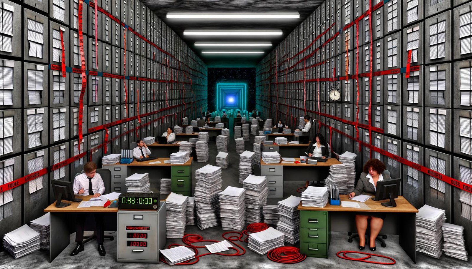 Metaphorische Szene eines endlosen, düsteren Großraumbüros mit Papierbergen, Excel-Tabellen, roten Bändern und Geschäftspersonen, die von Compliance- und Vergaberecht-Barrieren blockiert werden.