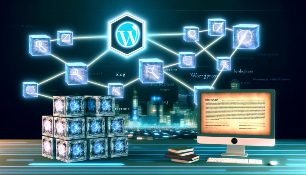 Futuristischer Workspace mit holografischem Ledger, modernen Rechner mit Directus-Logo, leuchtenden digitalen Content-Blöcken, Blockchain-Struktur aus transparenten Würfeln und verblassten CMS-Symbolen wie WordPress vor einer Hightech-Stadt.