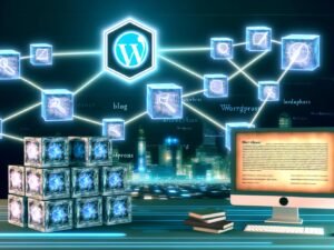 Futuristischer Workspace mit holografischem Ledger, modernen Rechner mit Directus-Logo, leuchtenden digitalen Content-Blöcken, Blockchain-Struktur aus transparenten Würfeln und verblassten CMS-Symbolen wie WordPress vor einer Hightech-Stadt.