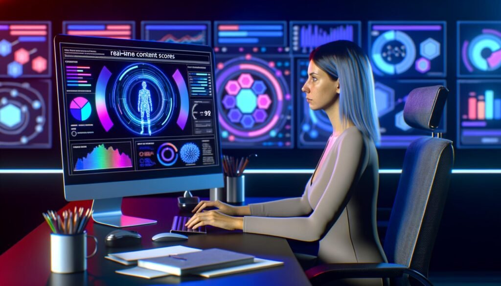 Futuristisches Redaktionsbüro mit Content-Redakteurin vor großem Monitor, auf dem Datenanalysen und AI-gestützte Tools zu sehen sind
