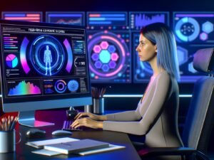 Futuristisches Redaktionsbüro mit Content-Redakteurin vor großem Monitor, auf dem Datenanalysen und AI-gestützte Tools zu sehen sind