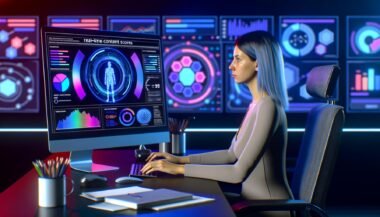 Futuristisches Redaktionsbüro mit Content-Redakteurin vor großem Monitor, auf dem Datenanalysen und AI-gestützte Tools zu sehen sind