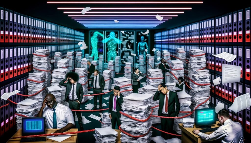 Surreale Büroszene mit überforderten Mitarbeitern zwischen hohen Papierstapeln, überlaufenden Aktenordnern mit der Aufschrift 'Lastenheft' und 'Pflichtenheft', endlosen Excel-Tabellen, altmodischen Computern und einem leuchtenden 'Ausschreibungshölle'-Schild.