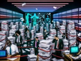 Surreale Büroszene mit überforderten Mitarbeitern zwischen hohen Papierstapeln, überlaufenden Aktenordnern mit der Aufschrift 'Lastenheft' und 'Pflichtenheft', endlosen Excel-Tabellen, altmodischen Computern und einem leuchtenden 'Ausschreibungshölle'-Schild.