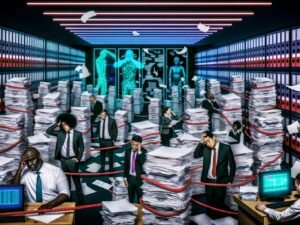 Surreale Büroszene mit überforderten Mitarbeitern zwischen hohen Papierstapeln, überlaufenden Aktenordnern mit der Aufschrift 'Lastenheft' und 'Pflichtenheft', endlosen Excel-Tabellen, altmodischen Computern und einem leuchtenden 'Ausschreibungshölle'-Schild.