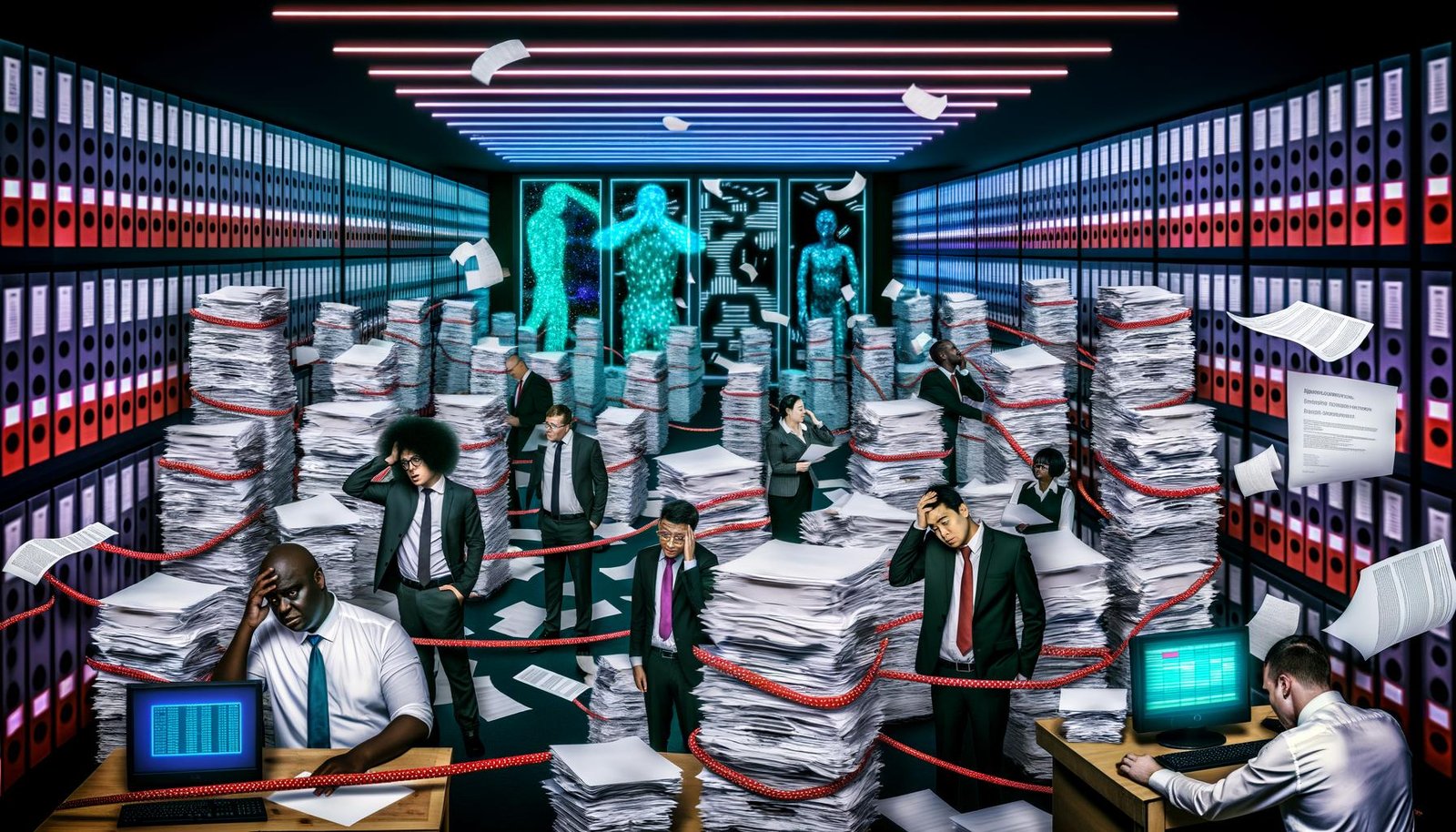 Surreale Büroszene mit überforderten Mitarbeitern zwischen hohen Papierstapeln, überlaufenden Aktenordnern mit der Aufschrift 'Lastenheft' und 'Pflichtenheft', endlosen Excel-Tabellen, altmodischen Computern und einem leuchtenden 'Ausschreibungshölle'-Schild.