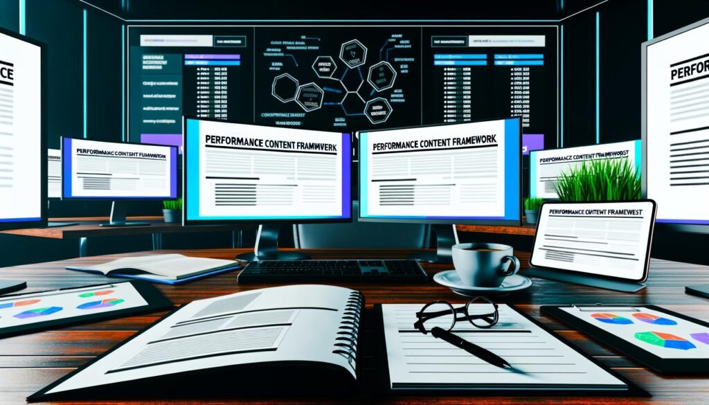 Agentur-Schreibtisch mit Monitoren voller Daten-Dashboards, Keyword-Analysen, Content-Briefings, Performance Content Framework, Notizbüchern, Kaffee und Tablet zur SERP-Analyse.