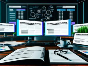 Agentur-Schreibtisch mit Monitoren voller Daten-Dashboards, Keyword-Analysen, Content-Briefings, Performance Content Framework, Notizbüchern, Kaffee und Tablet zur SERP-Analyse.