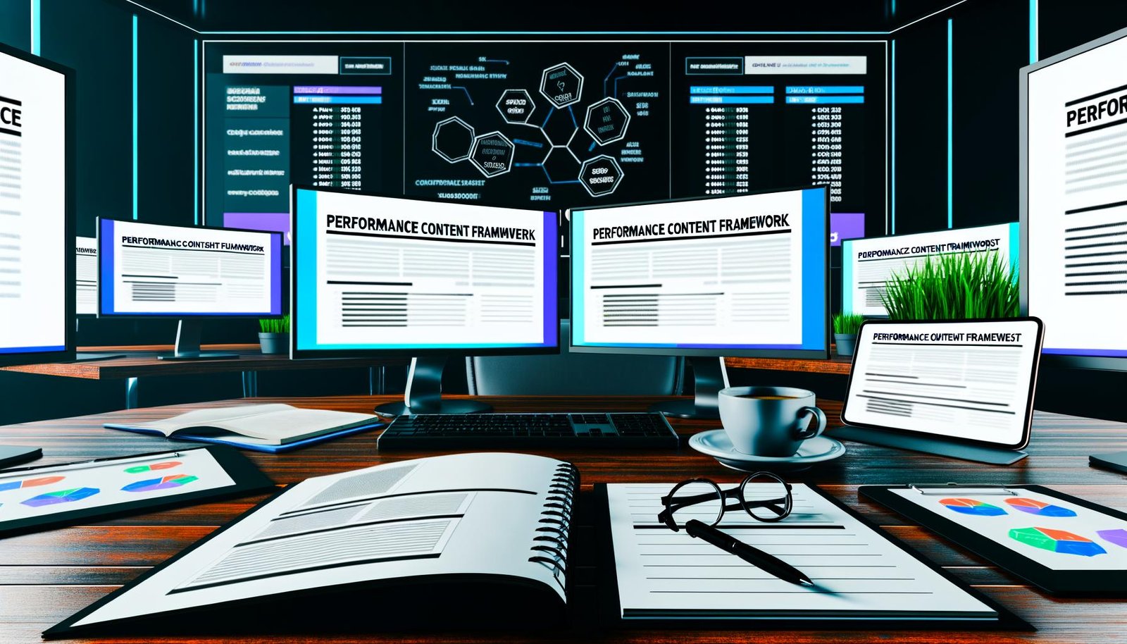 Agentur-Schreibtisch mit Monitoren voller Daten-Dashboards, Keyword-Analysen, Content-Briefings, Performance Content Framework, Notizbüchern, Kaffee und Tablet zur SERP-Analyse.