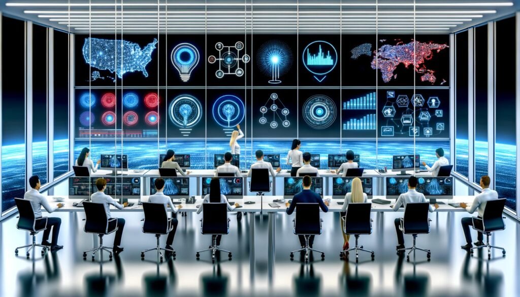 Innovatives Marketingbüro mit Team, das vor Monitoren mit TensorFlow, neuronalen Netzwerken und interaktiven Marketingdaten arbeitet. Holografische Analysen und Diagramme schweben im Raum.