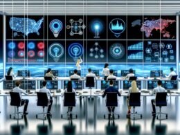 Innovatives Marketingbüro mit Team, das vor Monitoren mit TensorFlow, neuronalen Netzwerken und interaktiven Marketingdaten arbeitet. Holografische Analysen und Diagramme schweben im Raum.