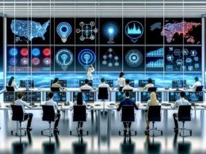 Innovatives Marketingbüro mit Team, das vor Monitoren mit TensorFlow, neuronalen Netzwerken und interaktiven Marketingdaten arbeitet. Holografische Analysen und Diagramme schweben im Raum.