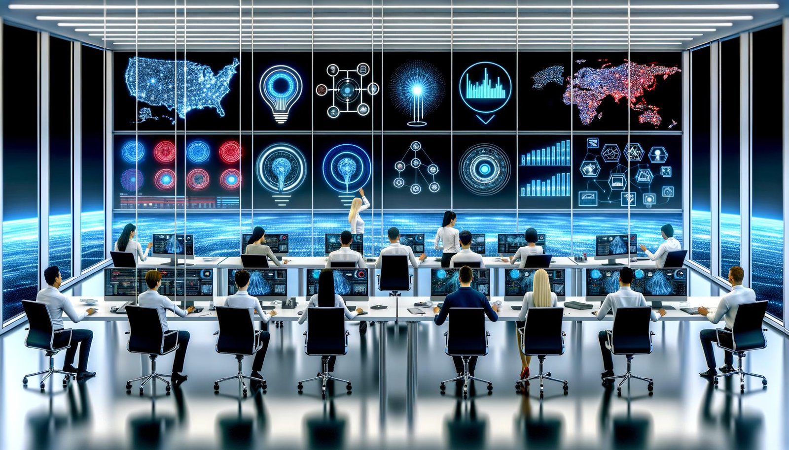 Innovatives Marketingbüro mit Team, das vor Monitoren mit TensorFlow, neuronalen Netzwerken und interaktiven Marketingdaten arbeitet. Holografische Analysen und Diagramme schweben im Raum.