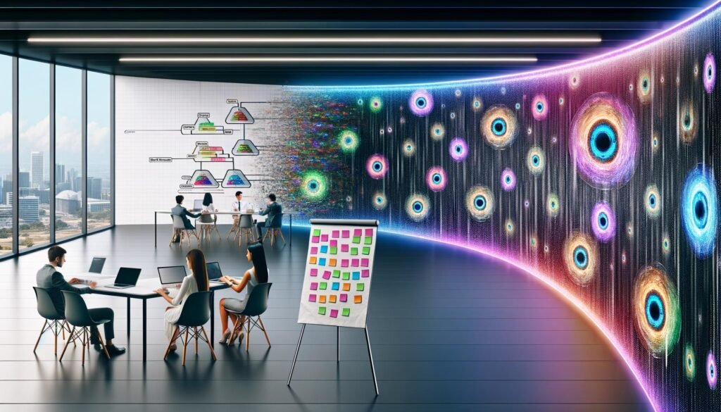 Junges Marketing-Team arbeitet in futuristischem Büro an Laptops mit holografischen Monitoren, die KI-Modelle und bunte Datenvisualisierungen zeigen. Ein Flipchart mit bunten Post-its verwandelt sich in digitale Pixel.