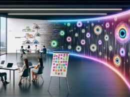 Junges Marketing-Team arbeitet in futuristischem Büro an Laptops mit holografischen Monitoren, die KI-Modelle und bunte Datenvisualisierungen zeigen. Ein Flipchart mit bunten Post-its verwandelt sich in digitale Pixel.