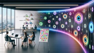 Junges Marketing-Team arbeitet in futuristischem Büro an Laptops mit holografischen Monitoren, die KI-Modelle und bunte Datenvisualisierungen zeigen. Ein Flipchart mit bunten Post-its verwandelt sich in digitale Pixel.