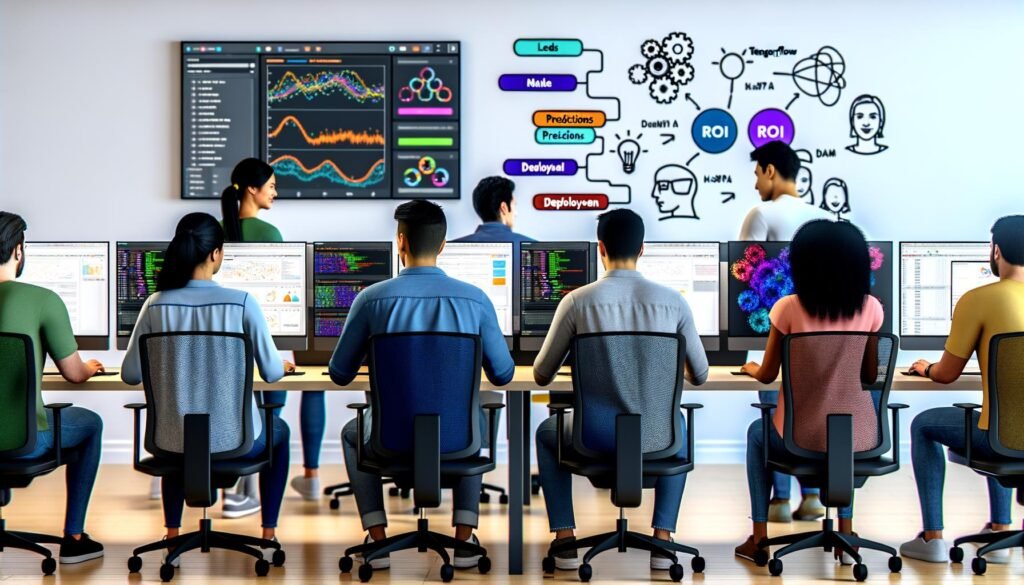 Junges, vielfältiges Marketing-Team im modernen Großraumbüro arbeitet gemeinsam mit Machine-Learning-Visualisierungen, Dashboards und Whiteboard-Workflow.