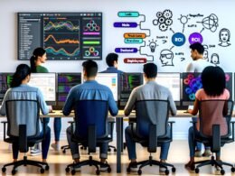 Junges, vielfältiges Marketing-Team im modernen Großraumbüro arbeitet gemeinsam mit Machine-Learning-Visualisierungen, Dashboards und Whiteboard-Workflow.