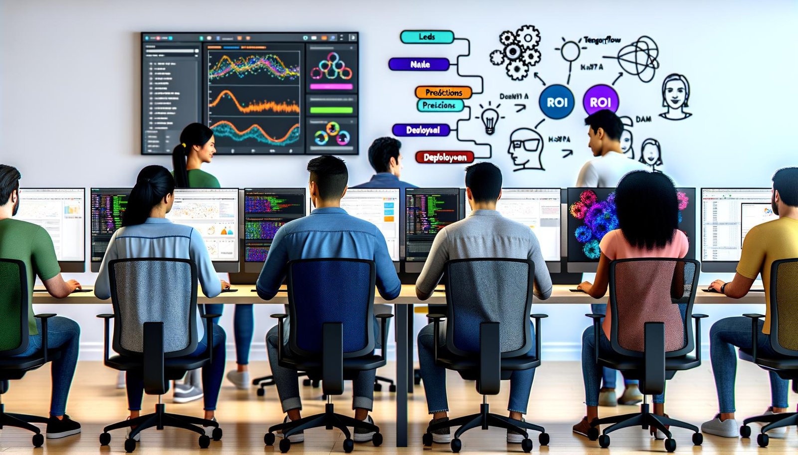 Junges, vielfältiges Marketing-Team im modernen Großraumbüro arbeitet gemeinsam mit Machine-Learning-Visualisierungen, Dashboards und Whiteboard-Workflow.