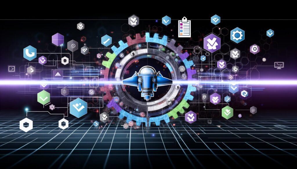 Modernes, abstraktes Cockpit umgeben von vernetzten Datenströmen, API-Symbolen, Zahnrädern und Codefragmenten, repräsentiert Workflow Automation und Datenmanagement. Farbakzente in Blau, Lila und Grün, mit einem schwebenden Checklist-Sticker am Rand.