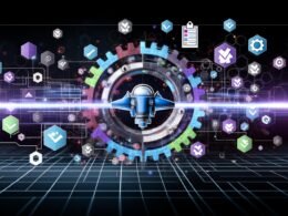 Modernes, abstraktes Cockpit umgeben von vernetzten Datenströmen, API-Symbolen, Zahnrädern und Codefragmenten, repräsentiert Workflow Automation und Datenmanagement. Farbakzente in Blau, Lila und Grün, mit einem schwebenden Checklist-Sticker am Rand.