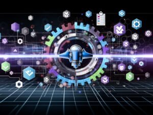 Modernes, abstraktes Cockpit umgeben von vernetzten Datenströmen, API-Symbolen, Zahnrädern und Codefragmenten, repräsentiert Workflow Automation und Datenmanagement. Farbakzente in Blau, Lila und Grün, mit einem schwebenden Checklist-Sticker am Rand.