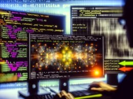 Entwickler analysiert TensorFlow Computational Graph, Profiler-Heatmap und Hardware-Auslastung an mehreren Monitoren mit hervorgehobenen Code-Begriffen.