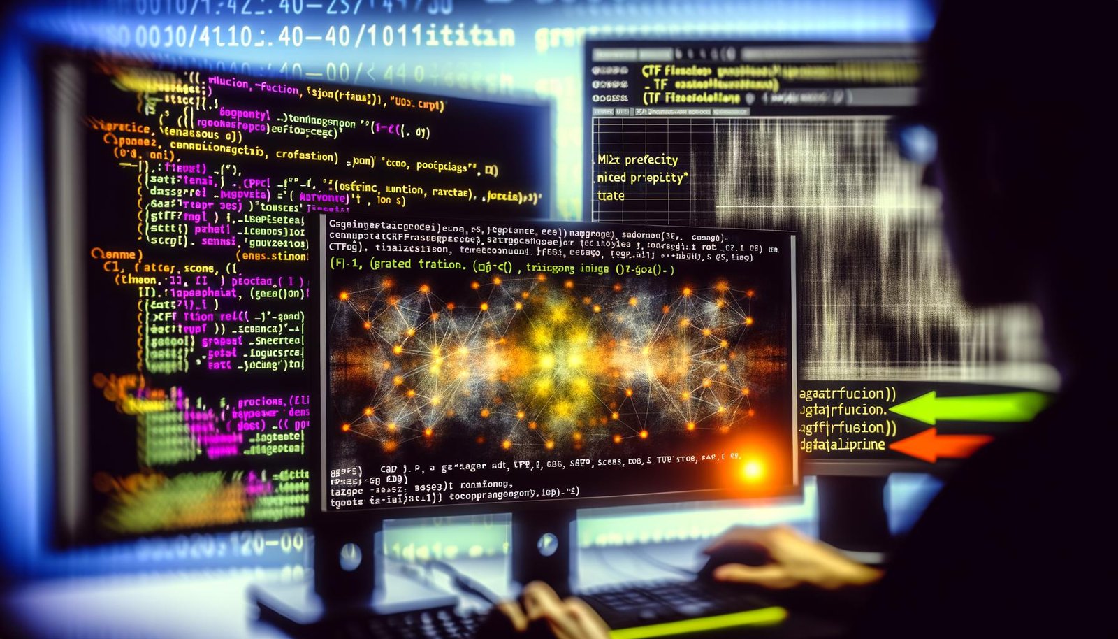 Entwickler analysiert TensorFlow Computational Graph, Profiler-Heatmap und Hardware-Auslastung an mehreren Monitoren mit hervorgehobenen Code-Begriffen.