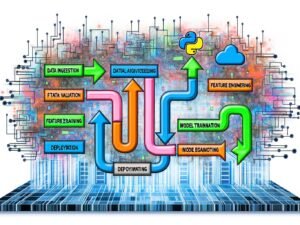 Illustration einer TensorFlow Pipeline mit farbigen Flussdiagramm-Boxen für Data Ingestion, Data Validation, Feature Engineering, Model Training, Evaluation, Deployment und Monitoring, eingebettet in eine moderne Datenzentrum- und Cloud-Architektur.