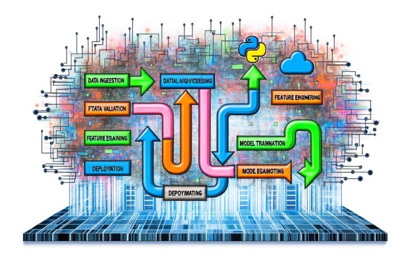 Illustration einer TensorFlow Pipeline mit farbigen Flussdiagramm-Boxen für Data Ingestion, Data Validation, Feature Engineering, Model Training, Evaluation, Deployment und Monitoring, eingebettet in eine moderne Datenzentrum- und Cloud-Architektur.
