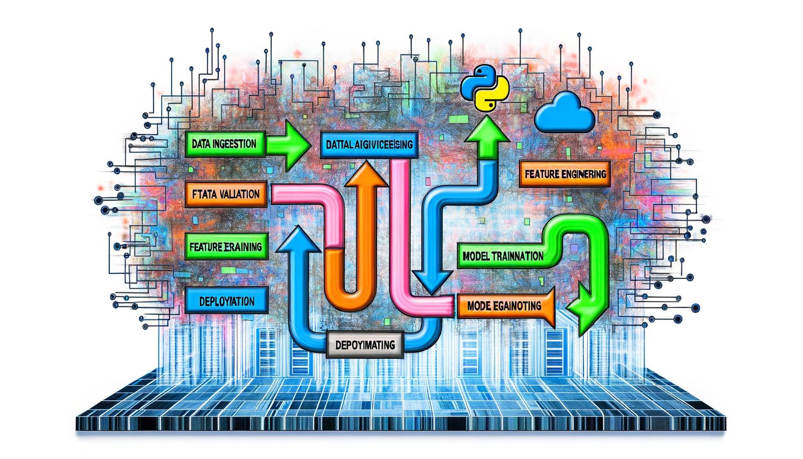 Illustration einer TensorFlow Pipeline mit farbigen Flussdiagramm-Boxen für Data Ingestion, Data Validation, Feature Engineering, Model Training, Evaluation, Deployment und Monitoring, eingebettet in eine moderne Datenzentrum- und Cloud-Architektur.