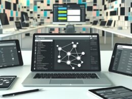 Hightech-Arbeitsplatz mit Laptop und geöffneter Directus-Admin-Oberfläche, umgeben von Tablet und Smartphone mit unterschiedlichen Frontends und Apps.