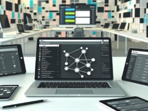 Hightech-Arbeitsplatz mit Laptop und geöffneter Directus-Admin-Oberfläche, umgeben von Tablet und Smartphone mit unterschiedlichen Frontends und Apps.