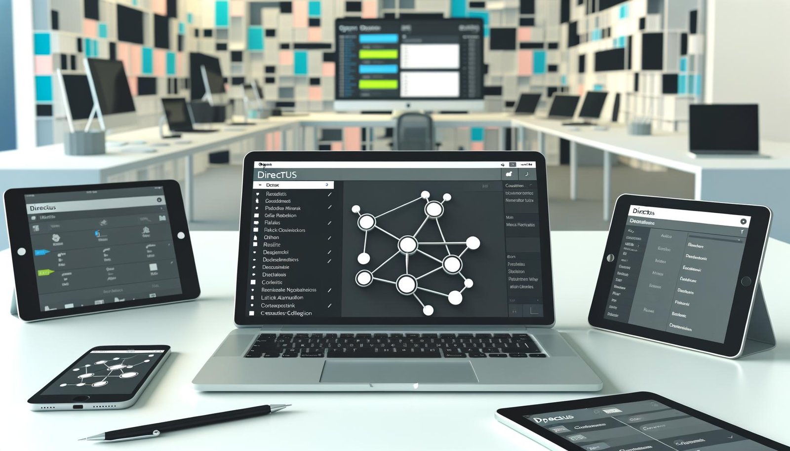 Hightech-Arbeitsplatz mit Laptop und geöffneter Directus-Admin-Oberfläche, umgeben von Tablet und Smartphone mit unterschiedlichen Frontends und Apps.
