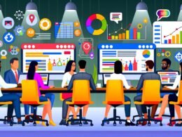 Junge, vielfältige Content- und SEO-Experten sitzen in einem hellen Büro vor Monitoren mit Dashboards, Keyword-Analysen und bunten Diagrammen, umgeben von Symbolen für digitale Marketing-Tools.