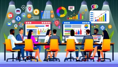 Junge, vielfältige Content- und SEO-Experten sitzen in einem hellen Büro vor Monitoren mit Dashboards, Keyword-Analysen und bunten Diagrammen, umgeben von Symbolen für digitale Marketing-Tools.