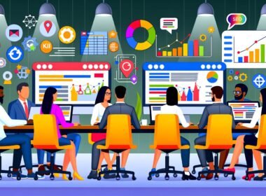 Junge, vielfältige Content- und SEO-Experten sitzen in einem hellen Büro vor Monitoren mit Dashboards, Keyword-Analysen und bunten Diagrammen, umgeben von Symbolen für digitale Marketing-Tools.