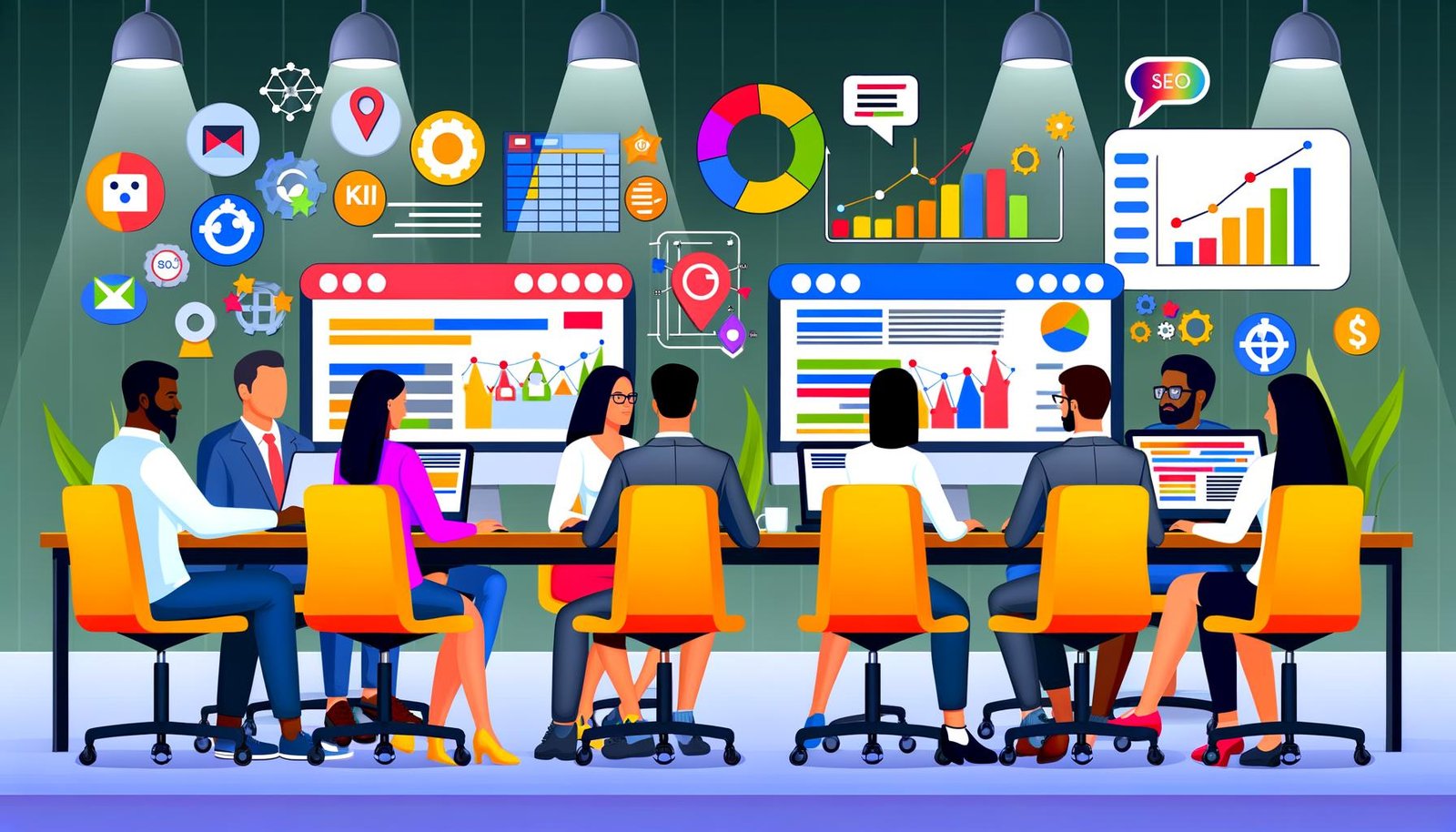 Junge, vielfältige Content- und SEO-Experten sitzen in einem hellen Büro vor Monitoren mit Dashboards, Keyword-Analysen und bunten Diagrammen, umgeben von Symbolen für digitale Marketing-Tools.