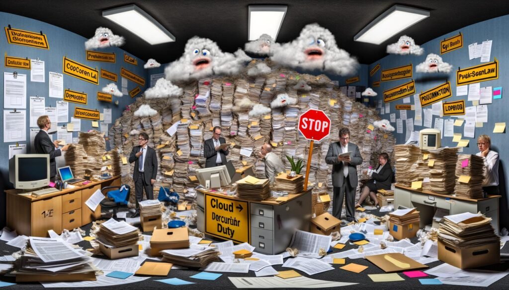 Chaos im Büro einer deutschen Behörde: Überforderte Menschen in Business-Kleidung zwischen Papierstapeln, Kabelsalat und Schlagwörtern wie Cloud und DSGVO.