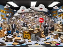 Chaos im Büro einer deutschen Behörde: Überforderte Menschen in Business-Kleidung zwischen Papierstapeln, Kabelsalat und Schlagwörtern wie Cloud und DSGVO.