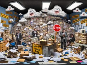 Chaos im Büro einer deutschen Behörde: Überforderte Menschen in Business-Kleidung zwischen Papierstapeln, Kabelsalat und Schlagwörtern wie Cloud und DSGVO.