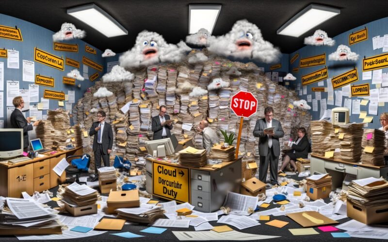 Chaos im Büro einer deutschen Behörde: Überforderte Menschen in Business-Kleidung zwischen Papierstapeln, Kabelsalat und Schlagwörtern wie Cloud und DSGVO.