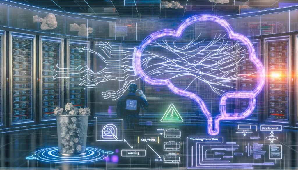 Illustration einer modernen Serverumgebung mit leuchtenden Datenströmen, TensorFlow-Benutzeroberfläche, strukturierter KI-Infrastruktur und Gegenüberstellung chaotischer Proof-of-Concept- und produktionsfertiger Systeme.