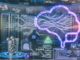 Illustration einer modernen Serverumgebung mit leuchtenden Datenströmen, TensorFlow-Benutzeroberfläche, strukturierter KI-Infrastruktur und Gegenüberstellung chaotischer Proof-of-Concept- und produktionsfertiger Systeme.