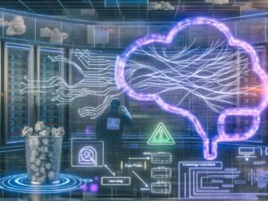 Illustration einer modernen Serverumgebung mit leuchtenden Datenströmen, TensorFlow-Benutzeroberfläche, strukturierter KI-Infrastruktur und Gegenüberstellung chaotischer Proof-of-Concept- und produktionsfertiger Systeme.