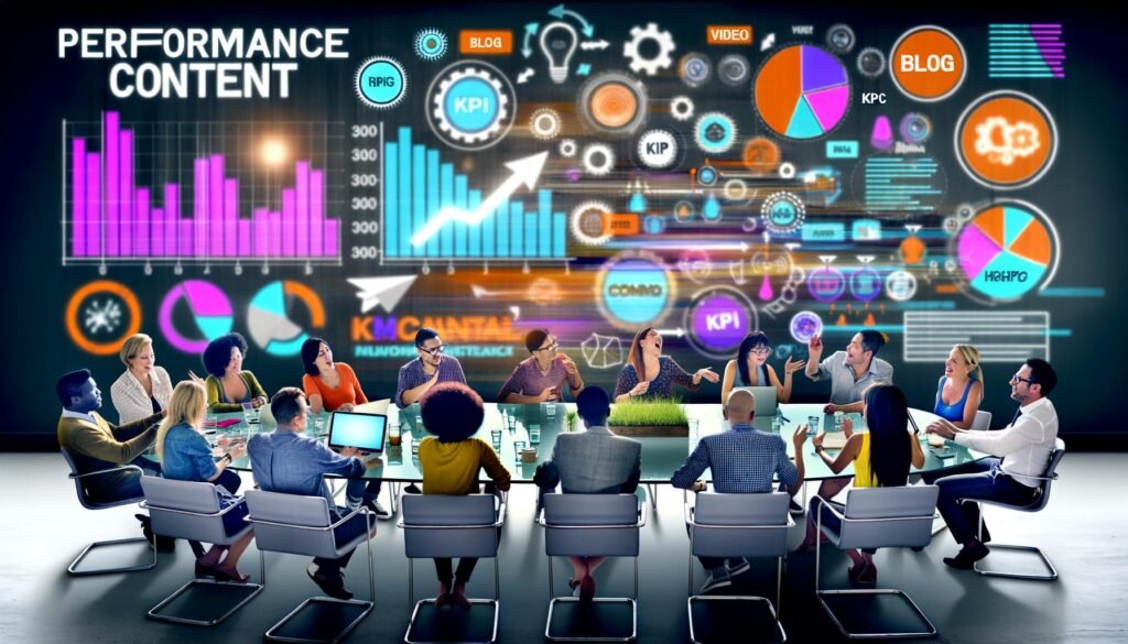 Marketing-Team entwickelt Performance Content an einem Tisch mit Laptops, Datencharts, Haftnotizen und moderner Analysesoftware, im Hintergrund große Datenvisualisierungen und Kanalsymbole.